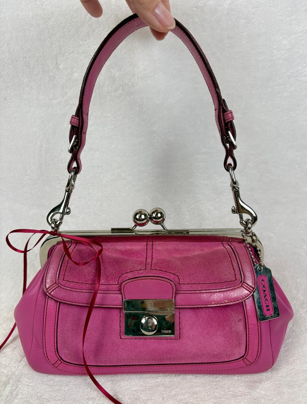 Coach Vintage RARE Gallery Kisslock Bag in Hot Pink Leather and Suede